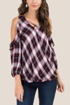 Francesca's Natalee Ruffle Cold Shoulder Plaid Blouse - Burgundy