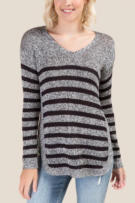 Francesca's Macy Scalloped Striped Sweater - Gray