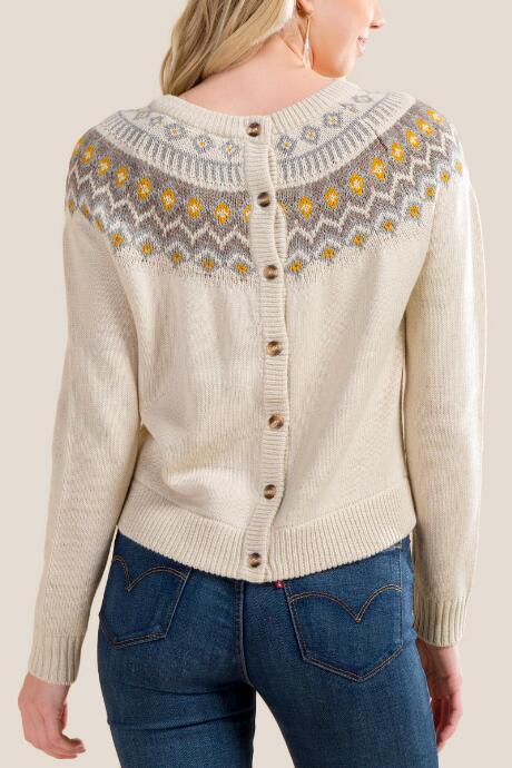 Francesca's Viola Button Back Fair Isle Sweater - Ivory