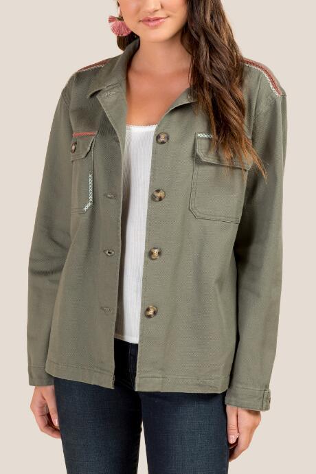 Francesca's Sarita Cross Stitch Shirt Jacket - Dark Olive