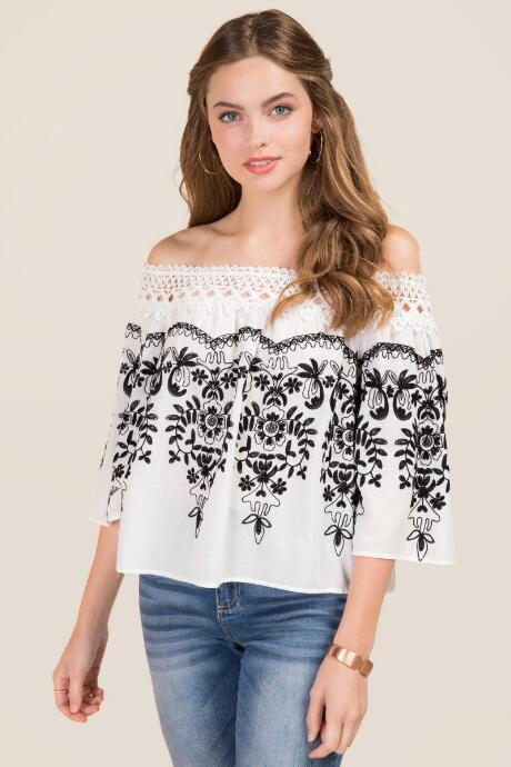 Blue Rain Amily Embroidered Off The Shoulder Top - White
