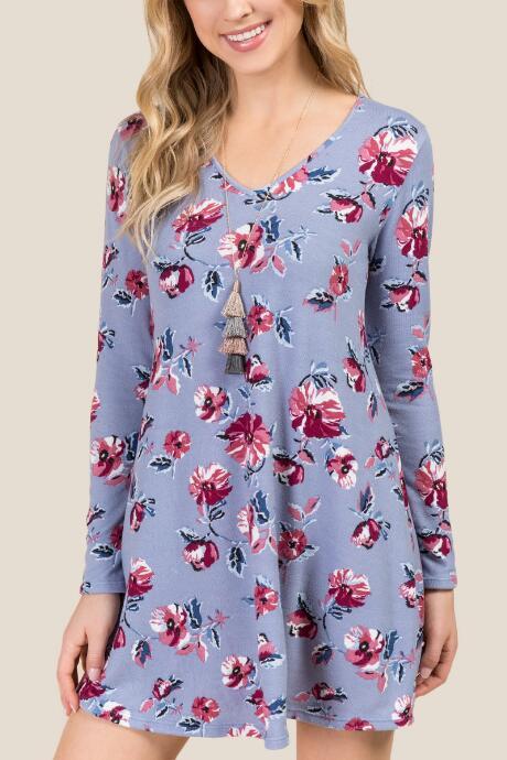 Francesca's Karlee V Neck Hacci Floral Dress - Oxford Blue