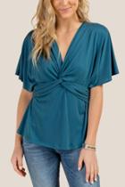 Francesca Inchess Tala Front Knot Flutter Sleeve Fashion Tee - Teal
