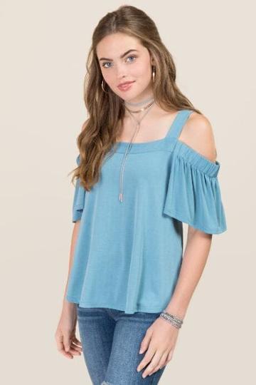 Alya Ari Ruffle Cold Shoulder Cupro Top - Oxford Blue