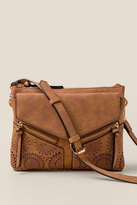 Francesca's Reign Perforated Double Zip Crossbody - Cognac