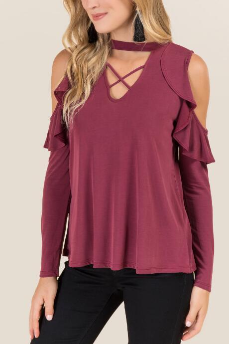 Francesca's Phedora Gigi Ruffle Cold Shoulder Top - Burgundy