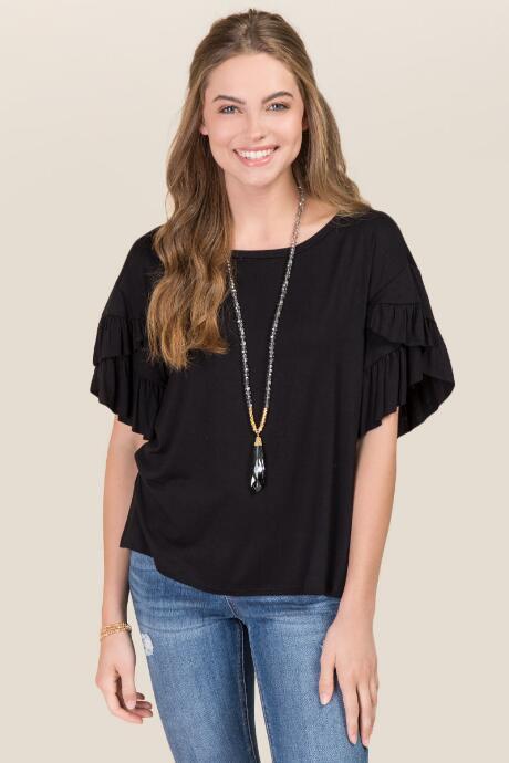 Alya Luda Tier Ruffle Sleeve Knit Tee - Black