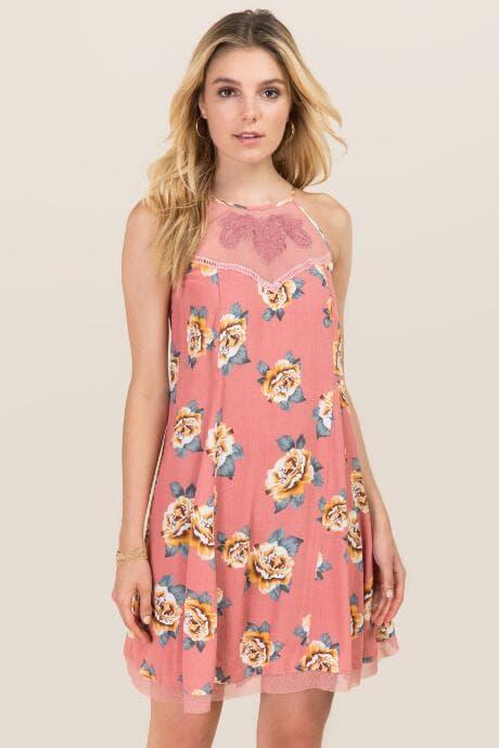 Blue Rain Clara Lace Neck Shift Dress - Rose