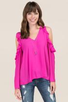 Francesca's Adelpha Ruffle Cold Shoulder Top - Neon Pink