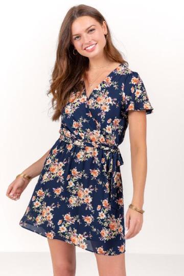 Secret Charm Llc Claire Floral Wrap Dress - Navy