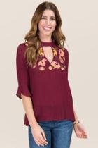 Gusb Inc Karie Ruffle Bell Sleeve Embroidered Gigi Blouse - Burgundy