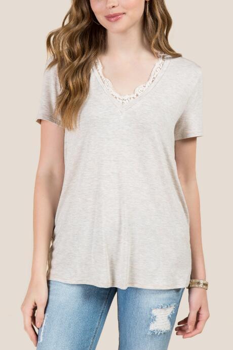 Francesca's Zoe Lace Trim Basic Tee - Heather Oat