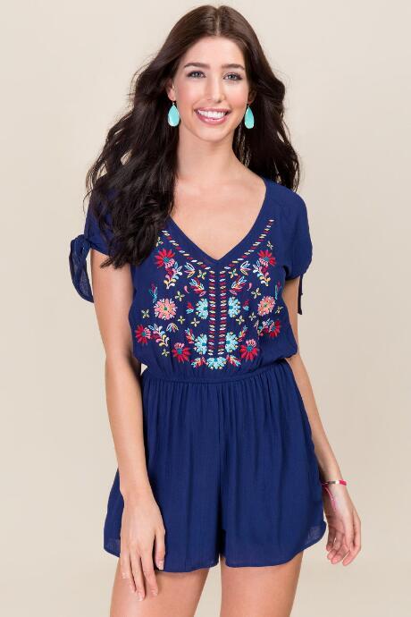 Francesca's Jeslyn Embroidered Romper - Navy