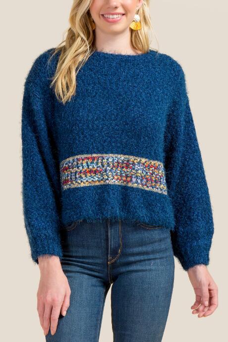 Francesca's Nadine Multi Lurex Border Sweater - Navy