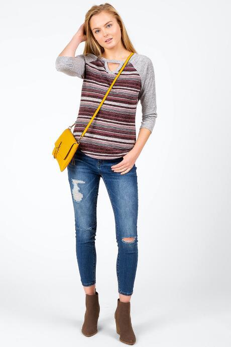 Francesca's Eastan Keyhole Striped Tee - Burgundy
