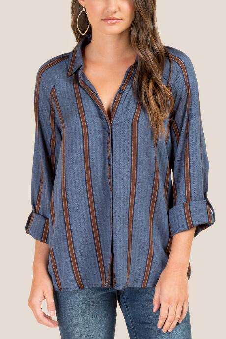 Francesca's Harley Striped Button Down Top - Dark Teal