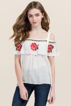Blue Rain Kassie Ruffle Embroidered Cold Shoulder Top - White