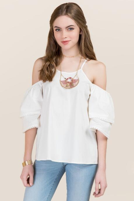 Blue Rain Denise Tiered Cold Shoulder Poplin Top - White