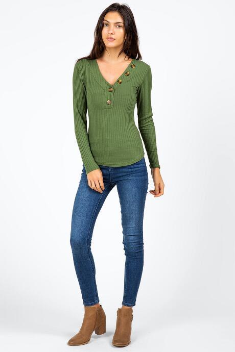 Francesca's Anette Asymmetrical Button Top - Olive