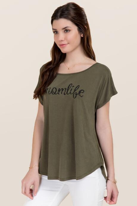 Alya Momlife Cupro Scoop Back Graphic Tee - Dark Olive