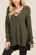 Francesca's Verena Lattice Neck Pullover Sweater - Dark Olive