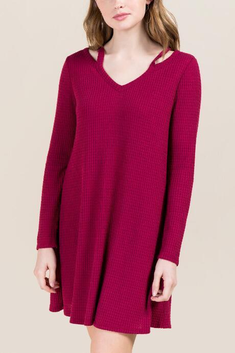 Francesca's Alice Clavicle Cut Out Waffle Knit Dress - Burgundy
