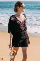Francescas Avrill Embroidered Tassel Tie Neck Cover-up - Black