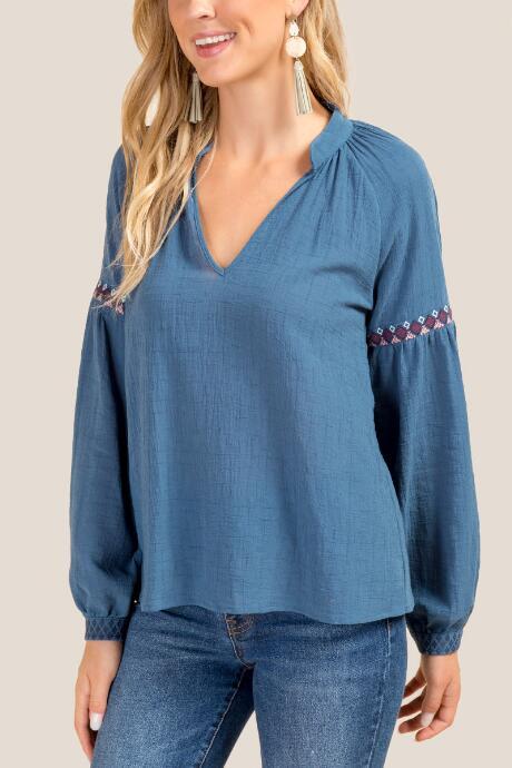 Francesca's Annika Embroidered Sleeve Blouse - Dark Teal