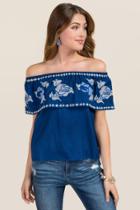 Blue Rain Anissa Off The Shoulder Embroidered Ruffle Top - Navy