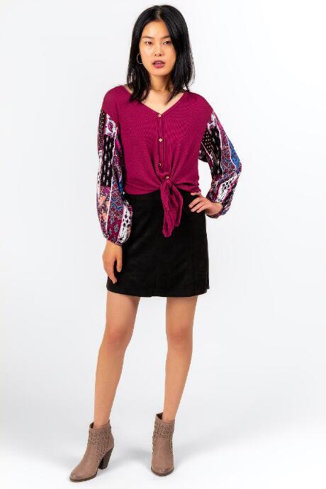 Francesca's Odetta Contrast Sleeve Blouse - Burgundy