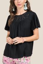 Francesca Inchess Addison Embroidered Eyelet Ruffle Blouse - Black