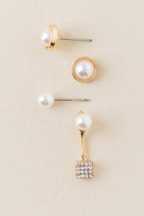 Francesca's Mae Cubic Zirconia Pearl Stud Earring Set - Pearl