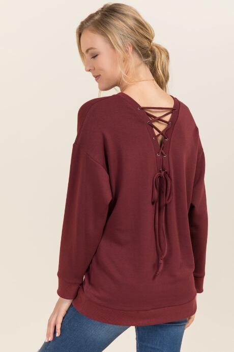 Alya Rylee Lattice Back Sweatshirt - Wine
