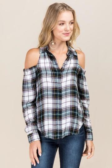 Styles On Demand, Inc. Celine Cold Shoulder Plaid Button Down Top - Evergreen