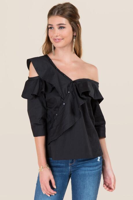 Francesca's Florentina Asymmetrical Poplin Top - Black