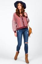 Francesca's Hansley Striped Mixed Printed Cardigan - Berry