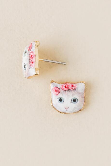 Francesca's Flower Crown Cat Stud Earring - White