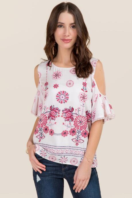 Blue Rain Elina Floral Cold Shoulder Top - White