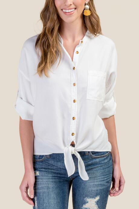 Francesca's Jennifer Tab Sleeve Button Down Top - Ivory