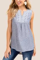 Francesca Inchess Andrea Line Embroidered Front Top - Blue