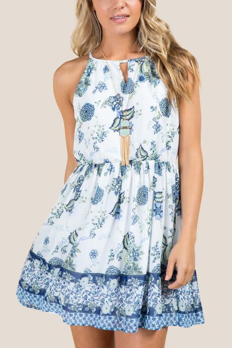 Francesca's Pippa Keyhole Neck Floral Border A-line Dress - Ivory