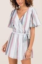 Francesca's Roxy Mock Wrap Tie Back Striped Romper - Oxford Blue