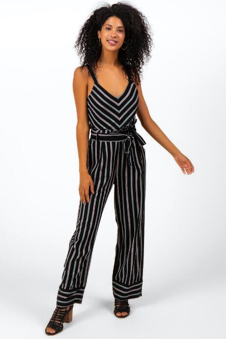 Francesca's Antonia Belted Striped Jumpsuit - Black