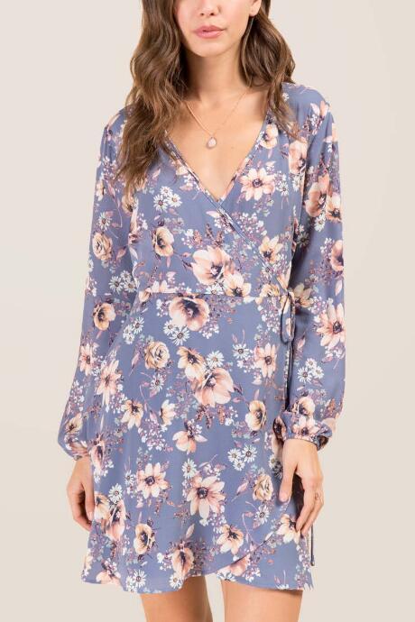 Francesca's Raye Mock Wrap Floral Dress - Oxford Blue