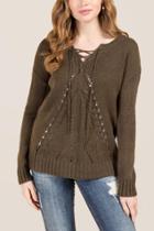 Francesca's Lina Lace Up V Neck Sweater - Olive