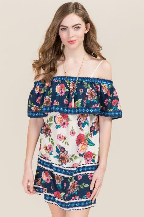 Francesca's Cuba Floral Cold Shoulder Dress - White