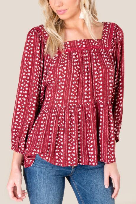 Francesca's Natalie Floral Crochet Trim Blouse - Brick