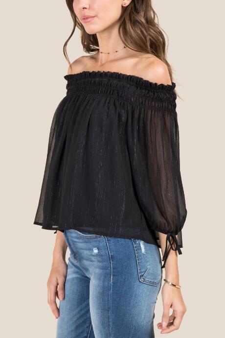 Francesca's Maci Lurex Smocked Off The Shoulder Top - Black