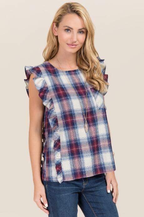 Blue Rain Nabila Ruffle Plaid Popover Top - Navy