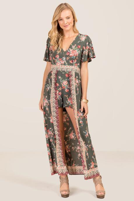 Blue Rain Leia Floral Border Print Maxi Romper - Dark Olive